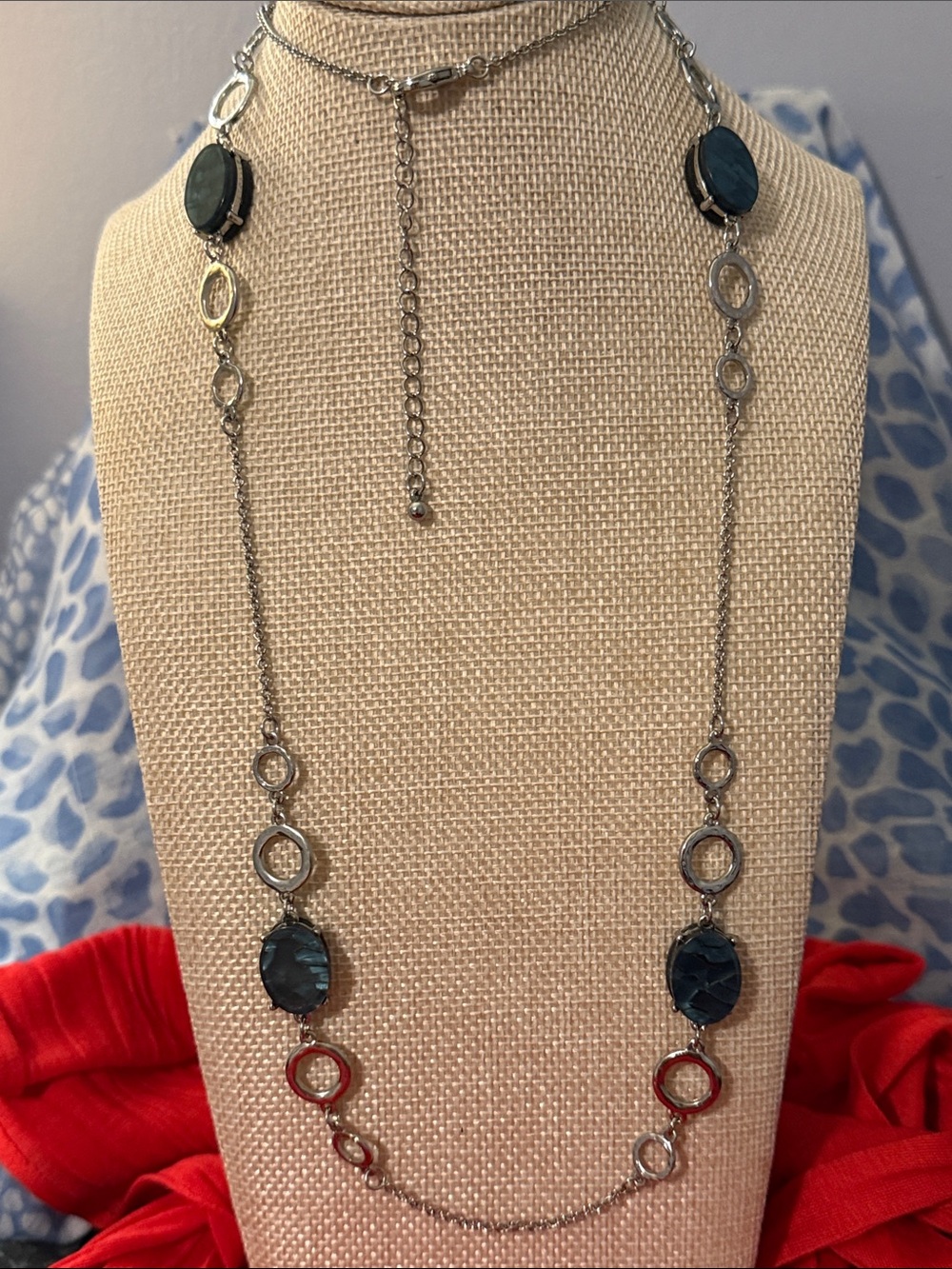 Silver Long Necklace with Dark Teal Stone Accents